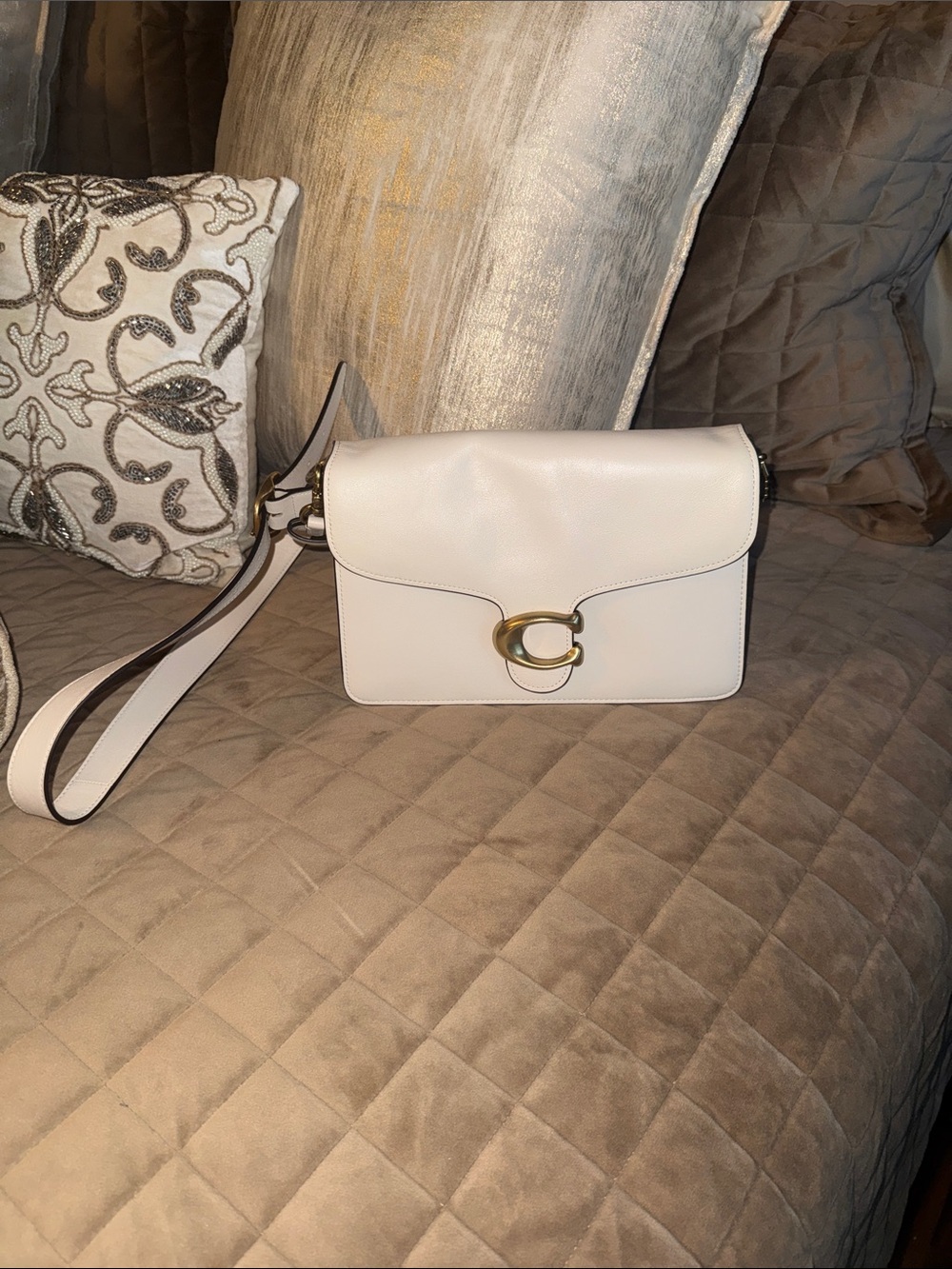 White Leather Shoulder Bag with Gold Hardware